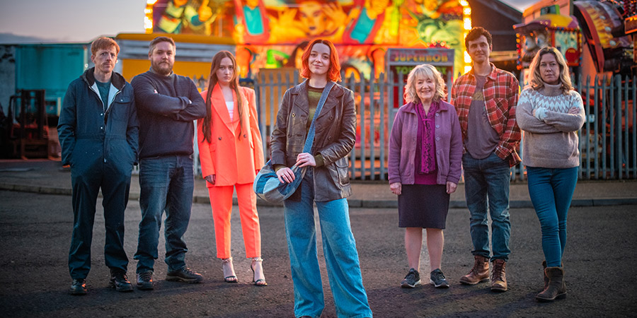 Unfair. Image shows from L to R: Uncle Roy (Gavin Jon Wright), Bradley (Grant O'Rourke), Missouri (Yana Harris), Sorcha (Kat Ronney), Granny (Tina Gray), Bentley (Dylan Wood), Lizzie (Anna Crilly). Copyright: Chris Young Films