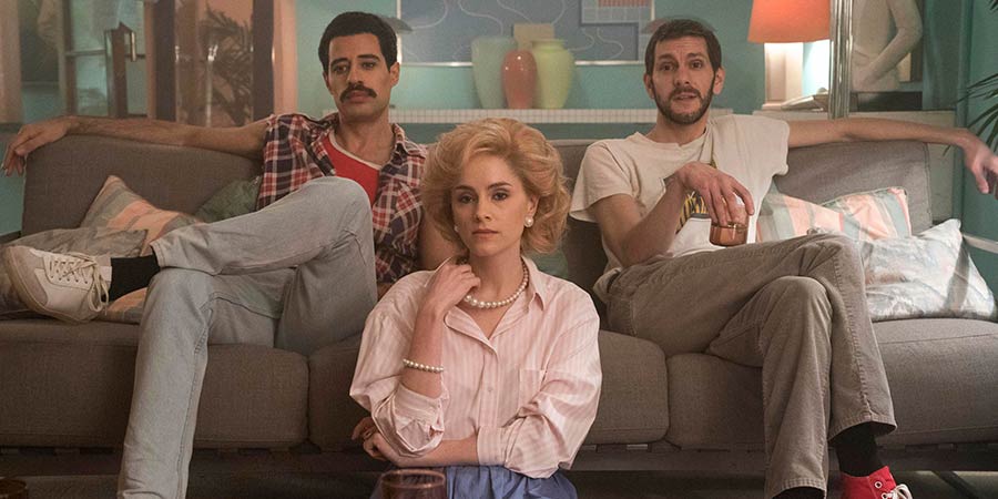 Urban Myths: Princess Diana, Freddie And Kenny - One Normal Night. Image shows from L to R: Freddie Mercury (David Avery), Princess Diana (Sophie Rundle), Kenny Everett (Mathew Baynton)