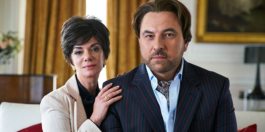 Urban Myths: The Trial Of Joan Collins. Image shows from L to R: Joan Collins (Victoria Hamilton), Monty (David Walliams). Copyright: King Bert Productions