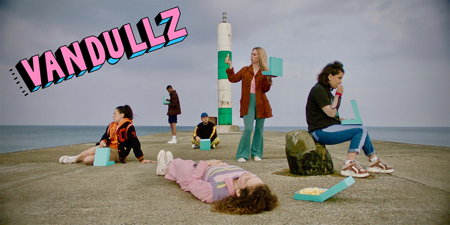 Vandullz. Image shows from L to R: Carys (Emma Stacey), TJ (Dom Francis), Gruff (Siôn Owens), Spoons (Bethan Leyshon), Efa (Bethan W Jones), Nadz (Leila Navabi)