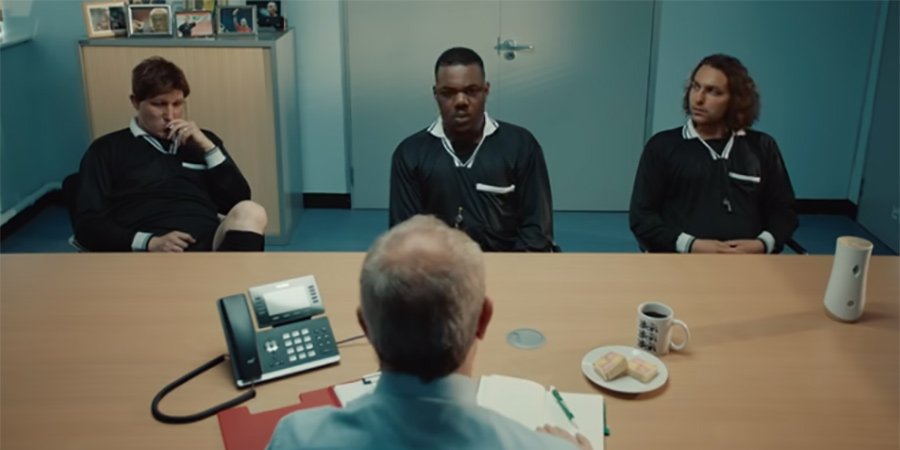 The VAR Room. Image shows from L to R: Martin (Mark Davison), Andre (Tendayi Jembere), Gary (Ashley Margolis)