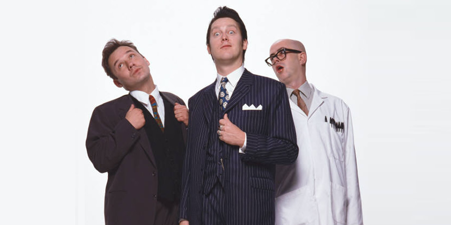 Vic Reeves Big Night Out. Image shows from L to R: Bob Mortimer, Vic Reeves, Les (Fred Aylward). Copyright: Channel X