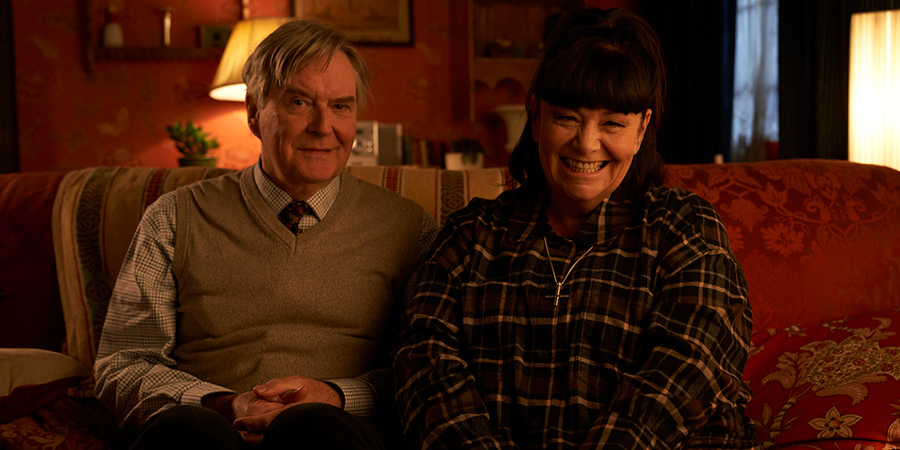 The Vicar Of Dibley. Image shows from L to R: Hugo Horton (James Fleet), Geraldine Grainger (Dawn French). Copyright: Tiger Aspect Productions