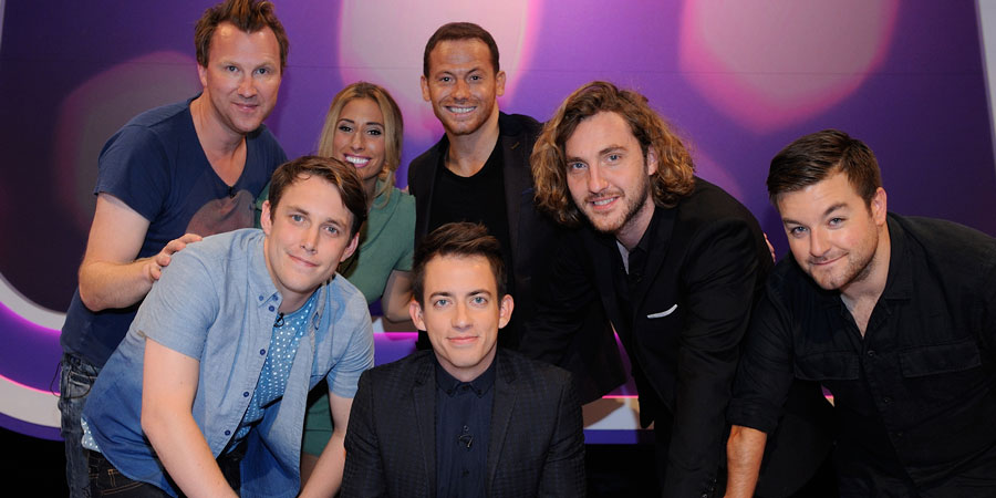 Virtually Famous. Image shows from L to R: Ed Byrne, Chris Stark, Stacey Solomon, Kevin McHale, Joe Swash, Seann Walsh, Alex Brooker. Copyright: Talkback / Hungry Bear Media