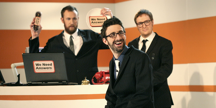 We Need Answers. Image shows from L to R: Alex Horne, Mark Watson, Tim Key. Copyright: BBC