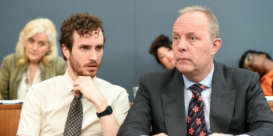 We The Jury. Image shows from L to R: Jen 1 (Sophie Thompson), William (Edward Easton), Mr Martin (David Schaal). Copyright: Big Talk Productions