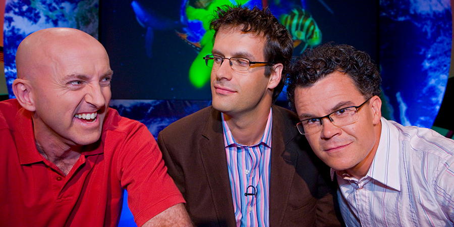 The What In The World? Quiz. Image shows from L to R: Lee Hurst, Marcus Brigstocke, Dominic Holland