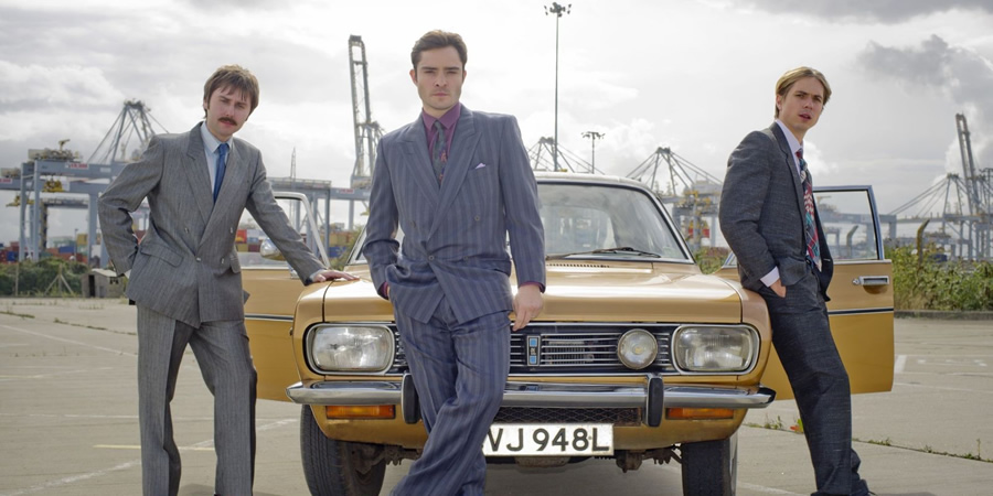 White Gold. Image shows from L to R: Brian Fitzpatrick (James Buckley), Vincent Swan (Ed Westwick), Martin Lavender (Joe Thomas). Copyright: Fudge Park