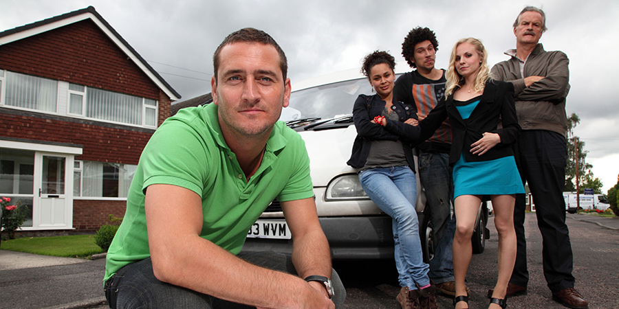 White Van Man. Image shows from L to R: Ollie (Will Mellor), Liz (Naomi Bentley), Darren (Joel Fry), Emma (Georgia Tennant), Tony (Clive Mantle). Copyright: ITV Studios