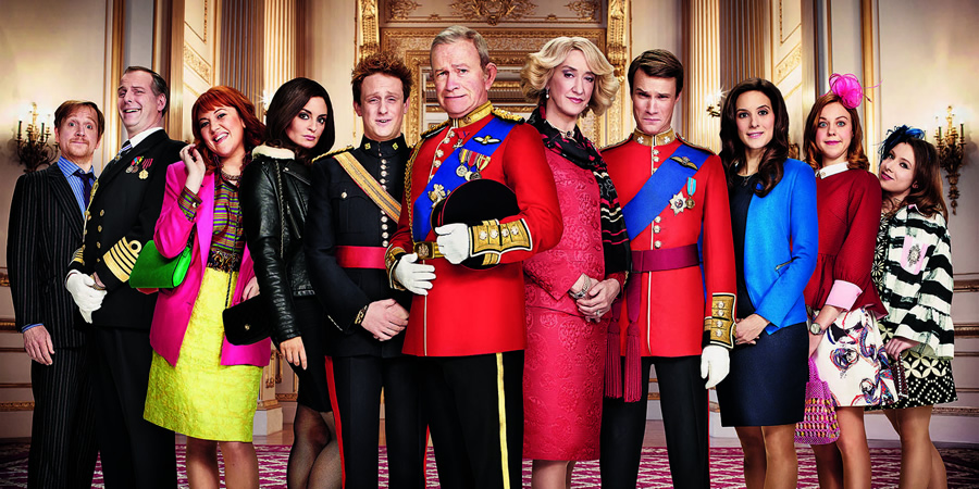 The Windsors. Image shows from L to R: Edward (Matthew Cottle), Andrew (Tim Wallers), Fergie (Katy Wix), Pippa (Morgana Robinson), Harry (Richard Goulding), Charles (Harry Enfield), Camilla (Haydn Gwynne), Wills (Hugh Skinner), Kate (Louise Ford), Beatrice (Ellie White), Eugenie (Celeste Dring). Copyright: Noho Film and TV