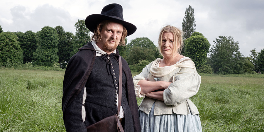 The Witchfinder. Image shows from L to R: Gideon Bannister (Tim Key), Thomasine Gooch (Daisy May Cooper)