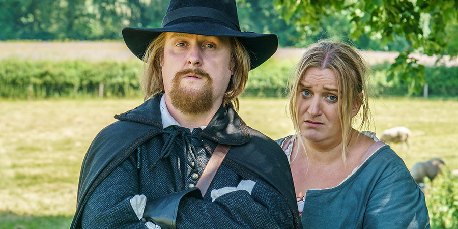 The Witchfinder. Image shows from L to R: Gideon Bannister (Tim Key), Thomasine Gooch (Daisy May Cooper)