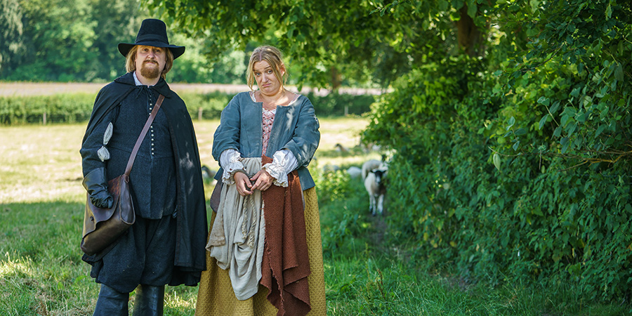 The Witchfinder. Image shows from L to R: Gideon Bannister (Tim Key), Thomasine Gooch (Daisy May Cooper)