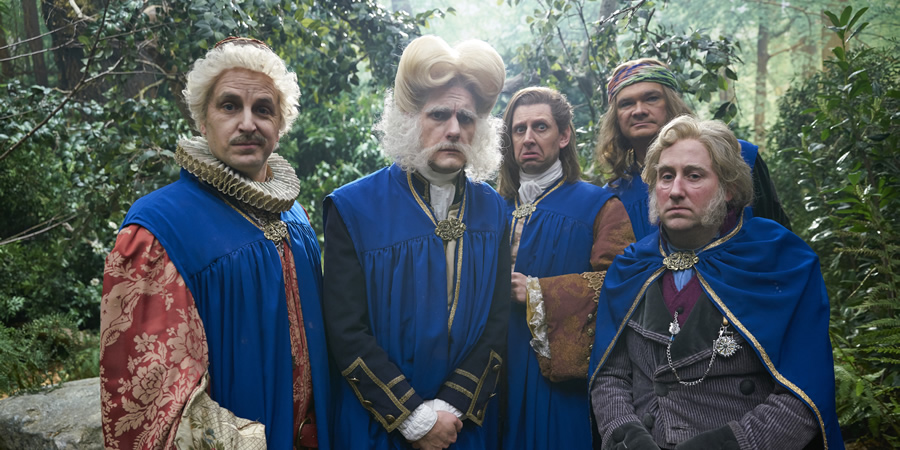 Yonderland. Image shows from L to R: Ben Willbond, Mathew Baynton, Laurence Rickard, Simon Farnaby, Jim Howick. Copyright: Working Title Films