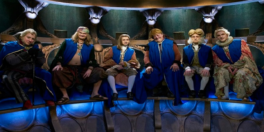 Yonderland. Image shows from L to R: Jim Howick, Simon Farnaby, Laurence Rickard, Cuddly Dick (Stephen Fry), Mathew Baynton, Ben Willbond. Copyright: Working Title Films