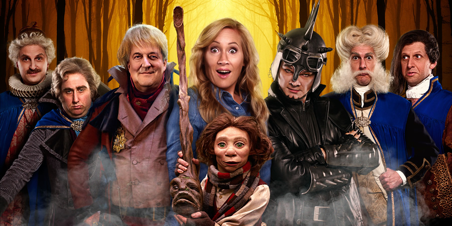 Yonderland. Image shows from L to R: Ben Willbond, Jim Howick, Cuddly Dick (Stephen Fry), Debbie Maddox (Martha Howe-Douglas), Simon Farnaby, Mathew Baynton, Laurence Rickard. Copyright: Working Title Films