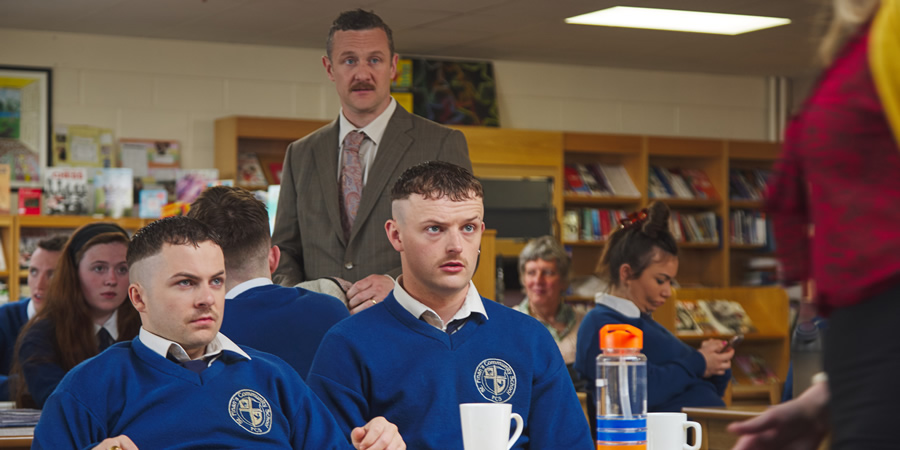 The Young Offenders. Image shows from L to R: Conor MacSweeney (Alex Murphy), Principal Barry Walsh (PJ Gallagher), Jock O'Keeffe (Chris Walley)