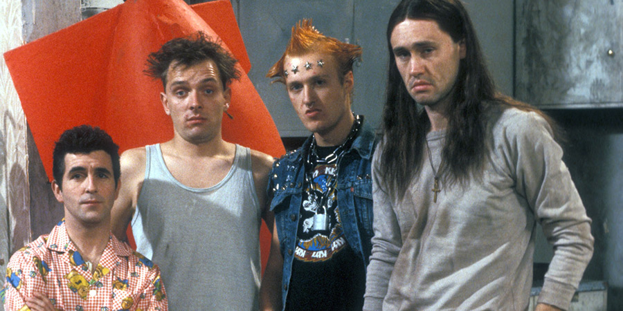 The Young Ones. Image shows left to right: Mike (Christopher Ryan), Rick (Rik Mayall), Vyvyan (Adrian Edmondson), Neil (Nigel Planer)