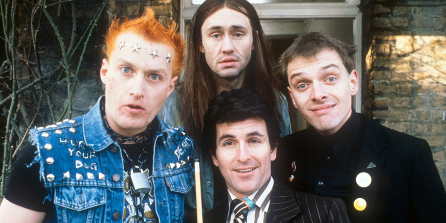 The Young Ones. Image shows left to right: Vyvyan (Adrian Edmondson), Neil (Nigel Planer), Mike (Christopher Ryan), Rick (Rik Mayall)