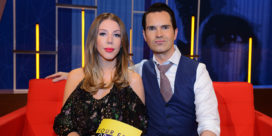 Your Face Or Mine. Image shows from L to R: Katherine Ryan, Jimmy Carr. Copyright: Talkback