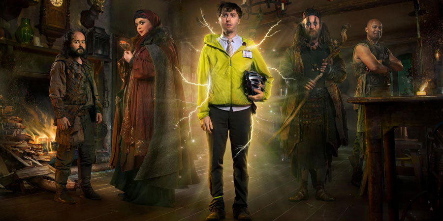 Zapped. Image shows from L to R: Steg (Kenneth Collard), Barbara (Sharon Rooney), Brian (James Buckley), Howell (Paul Kaye), Herman (Louis Emerick). Copyright: Black Dog Television / Baby Cow Productions