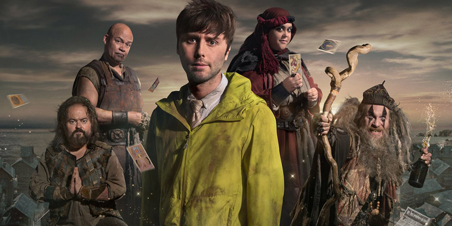 Zapped. Image shows from L to R: Steg (Kenneth Collard), Herman (Louis Emerick), Brian (James Buckley), Barbara (Sharon Rooney), Howell (Paul Kaye). Copyright: Black Dog Television