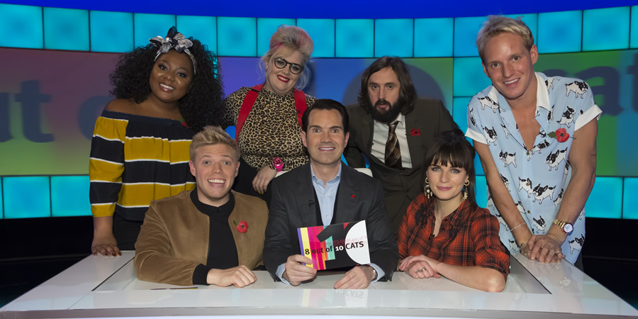 8 Out Of 10 Cats. Image shows from L to R: Paisley Billings, Rob Beckett, Jayde Adams, Jimmy Carr, Joe Wilkinson, Aisling Bea, Jamie Laing. Copyright: Zeppotron