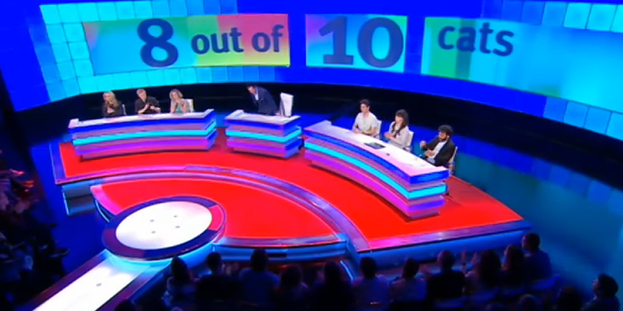 8 Out Of 10 Cats. Image shows from L to R: Roisin Conaty, Rob Beckett, Cathy Newman, Jimmy Carr, Joey Essex, Aisling Bea, Nish Kumar. Copyright: Zeppotron