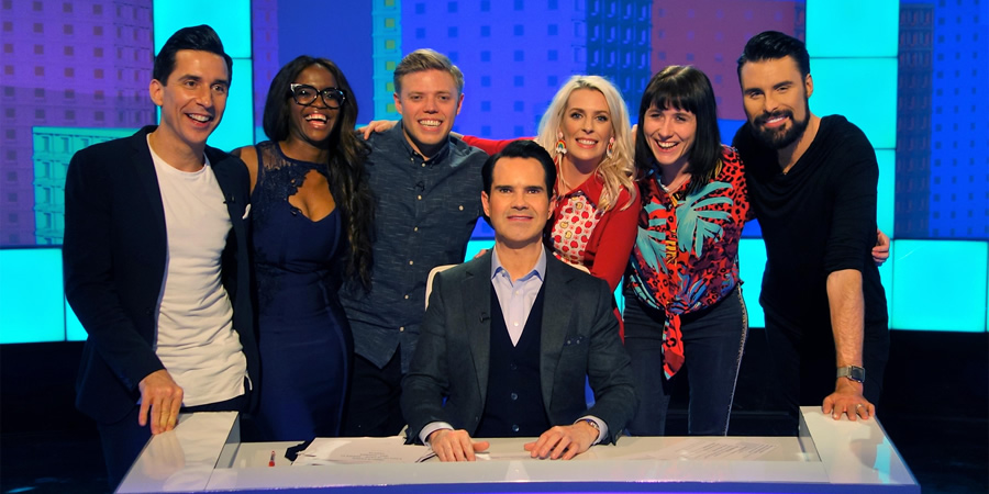 8 Out Of 10 Cats. Image shows from L to R: Russell Kane, Oti Mabuse, Rob Beckett, Jimmy Carr, Sara Pascoe, Maisie Adam, Rylan Clark-Neal. Copyright: Zeppotron