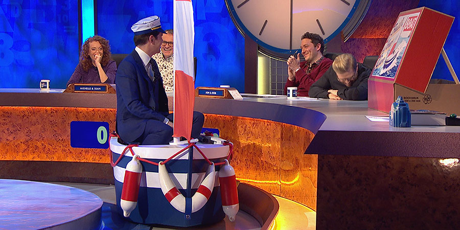 8 Out Of 10 Cats Does Countdown. Image shows from L to R: Michelle Wolf, Jimmy Carr, Sean Lock, Jon Richardson, Rob Beckett