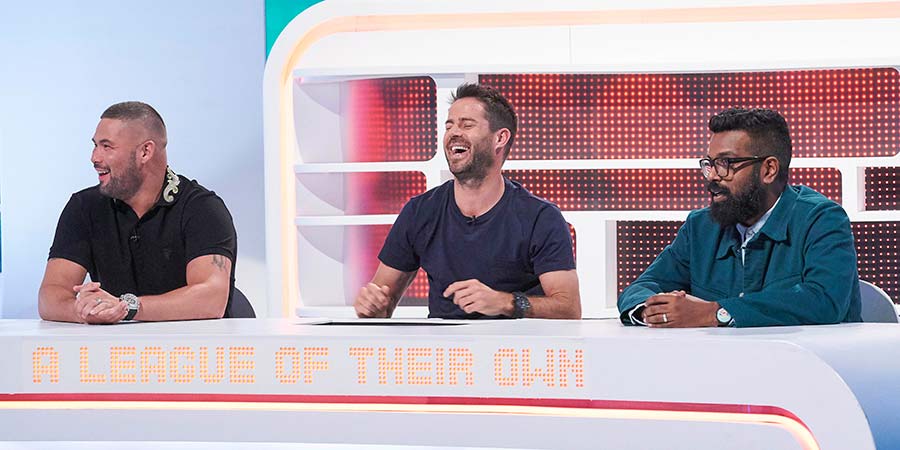 A League Of Their Own. Image shows from L to R: Tony Bellew, Jamie Redknapp, Romesh Ranganathan. Copyright: CPL Productions