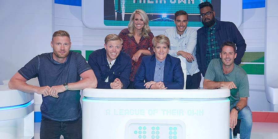 A League Of Their Own. Image shows from L to R: Andrew Flintoff, Rob Beckett, Chemmy Alcott, Clare Balding, Harry Winks, Romesh Ranganathan, Jamie Redknapp. Copyright: CPL Productions