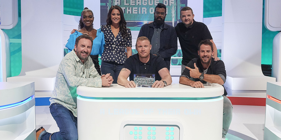 A League Of Their Own. Image shows from L to R: Lee Mack, Dina Asher-Smith, Sam Quek, Andrew Flintoff, Romesh Ranganathan, Kevin Bridges, Jamie Redknapp. Copyright: CPL Productions