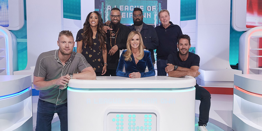 A League Of Their Own. Image shows from L to R: Andrew Flintoff, Alex Scott, Guz Khan, Amanda Holden, Romesh Ranganathan, Harry Redknapp, Jamie Redknapp. Copyright: CPL Productions
