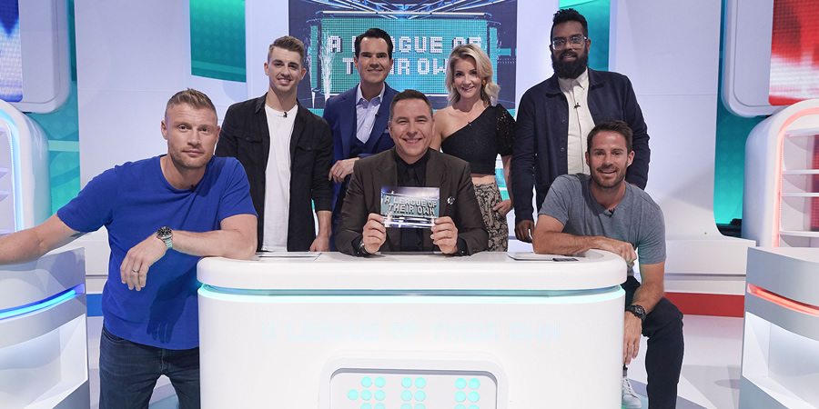 A League Of Their Own. Image shows from L to R: Andrew Flintoff, Max Whitlock, Jimmy Carr, David Walliams, Helen Skelton, Romesh Ranganathan, Jamie Redknapp. Copyright: CPL Productions