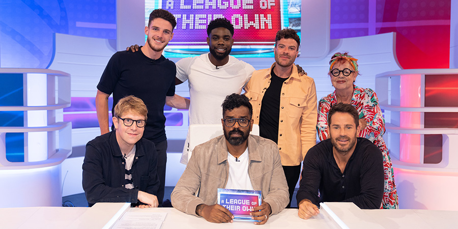 A League Of Their Own. Image shows from L to R: Josh Widdicombe, Declan Rice, Micah Richards, Romesh Ranganathan, Jordan North, Jo Brand, Jamie Redknapp. Copyright: CPL Productions