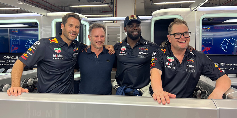 A League Of Their Own. Image shows left to right: Jamie Redknapp, Christian Horner, Micah Richards, Alan Carr. Credit: CPL Productions