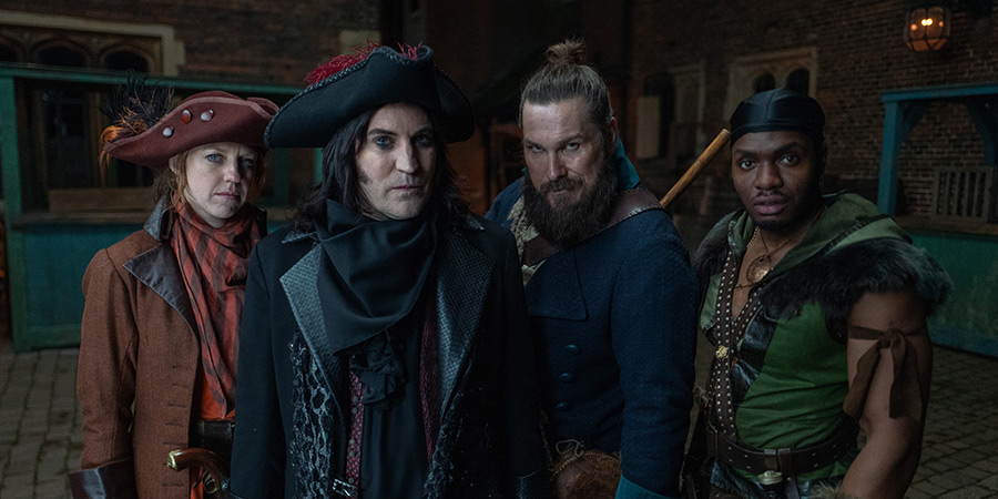 The Completely Made-Up Adventures Of Dick Turpin. Image shows left to right: Nell Brazier (Ellie White), Dick Turpin (Noel Fielding), Moose Pleck (Marc Wootton), Honesty Courage (Duayne Boachie)