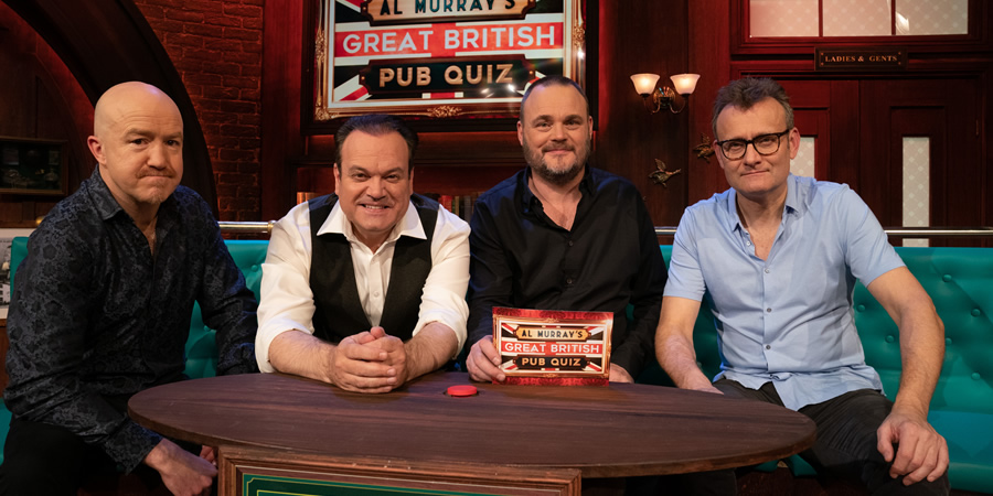 Al Murray's Great British Pub Quiz. Image shows from L to R: Andy Parsons, Shaun Williamson, Al Murray, Hugh Dennis. Copyright: Avalon Television