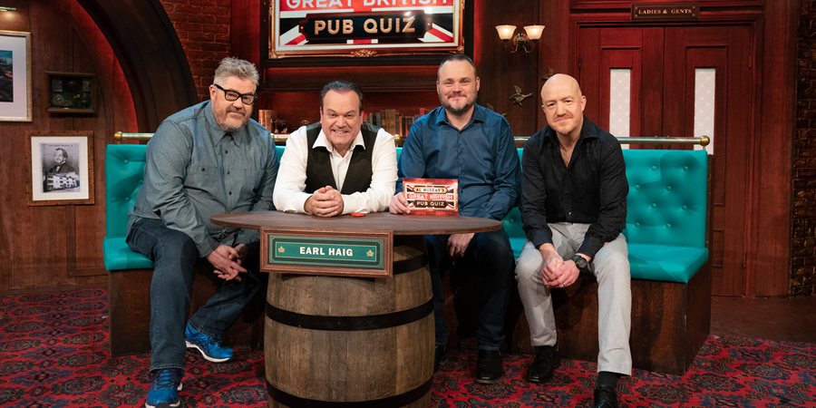 Al Murray's Great British Pub Quiz. Image shows from L to R: Phill Jupitus, Shaun Williamson, Al Murray, Andy Parsons. Copyright: Avalon Television