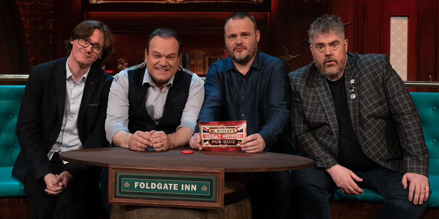 Al Murray's Great British Pub Quiz. Image shows from L to R: Ed Byrne, Shaun Williamson, Al Murray, Phill Jupitus. Copyright: Avalon Television