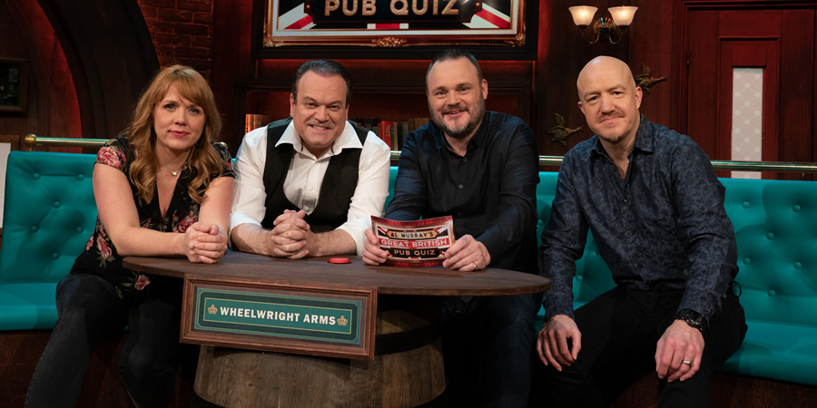 Al Murray's Great British Pub Quiz. Image shows from L to R: Kerry Godliman, Shaun Williamson, Al Murray, Andy Parsons. Copyright: Avalon Television