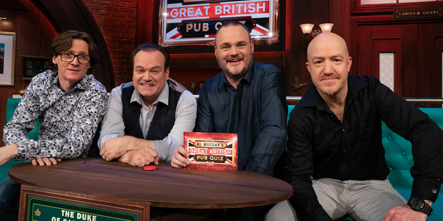 Al Murray's Great British Pub Quiz. Image shows from L to R: Ed Byrne, Shaun Williamson, Al Murray, Andy Parsons. Copyright: Avalon Television