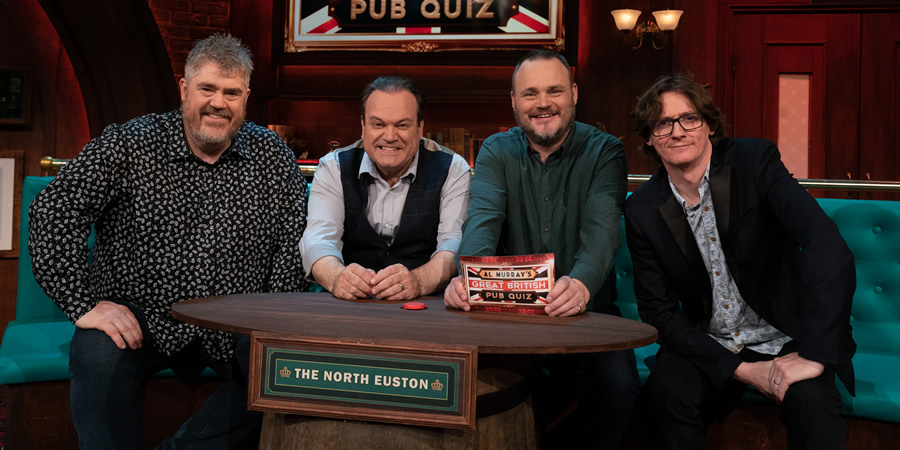 Al Murray's Great British Pub Quiz. Image shows from L to R: Phill Jupitus, Shaun Williamson, Al Murray, Ed Byrne. Copyright: Avalon Television