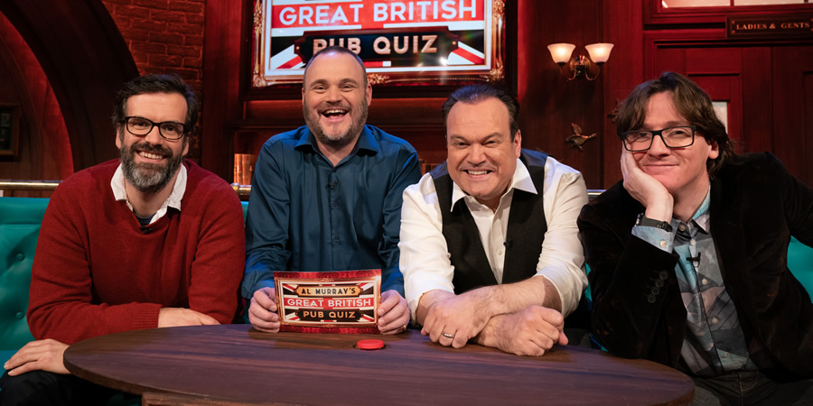 Al Murray's Great British Pub Quiz. Image shows from L to R: Marcus Brigstocke, Al Murray, Shaun Williamson, Ed Byrne. Copyright: Avalon Television