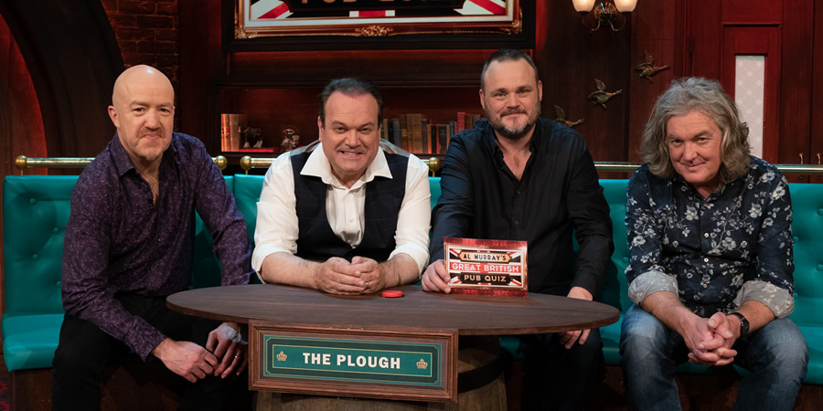 Al Murray's Great British Pub Quiz. Image shows from L to R: Andy Parsons, Shaun Williamson, Al Murray, James May. Copyright: Avalon Television