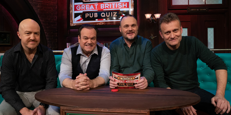 Al Murray's Great British Pub Quiz. Image shows from L to R: Andy Parsons, Shaun Williamson, Al Murray, Hugh Dennis. Copyright: Avalon Television