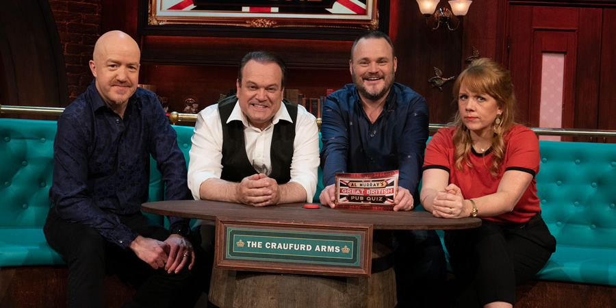 Al Murray's Great British Pub Quiz. Image shows from L to R: Andy Parsons, Shaun Williamson, Al Murray, Kerry Godliman. Copyright: Avalon Television