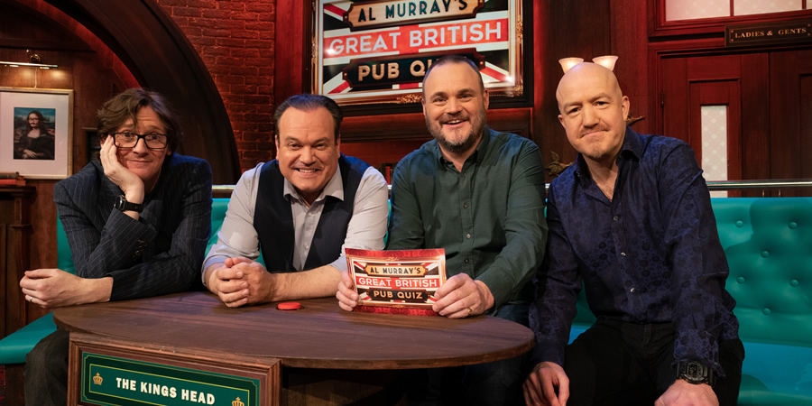 Al Murray's Great British Pub Quiz. Image shows from L to R: Ed Byrne, Shaun Williamson, Al Murray, Andy Parsons. Copyright: Avalon Television