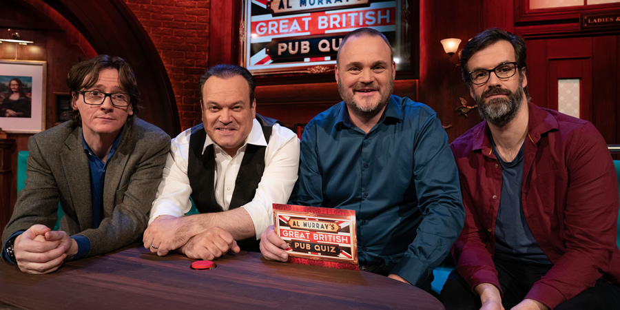 Al Murray's Great British Pub Quiz. Image shows from L to R: Ed Byrne, Shaun Williamson, Al Murray, Marcus Brigstocke. Copyright: Avalon Television